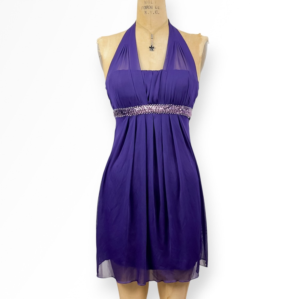 90s Mesh Sequin Halter Mini Dress Empire Waist Bow Tie Jewel Whimsigoth Prom M